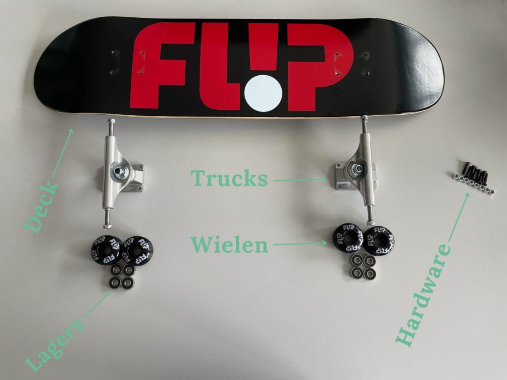 skateboard onderdelen gedemonteerd